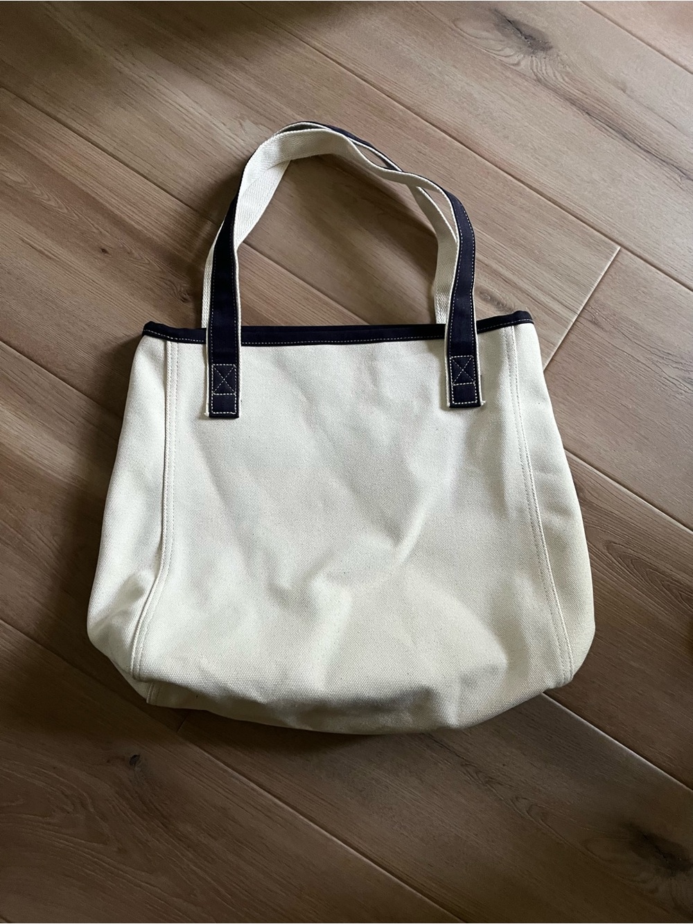 NEW Lands' End Cream Canvas Tote with Navy Trim and Handles - Picture 2 of 5